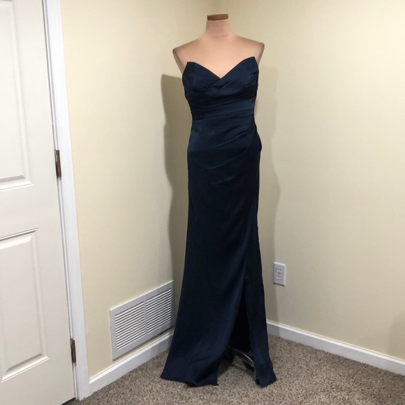 Azazie Maxi Dress Size 8 Navy Blue Strapless Pleated Gown - Picture 2 of 9